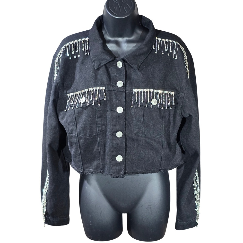 NWT rue21 Denim Jacket Black Rhinestone Fringe Cropped Distressed Western Size M